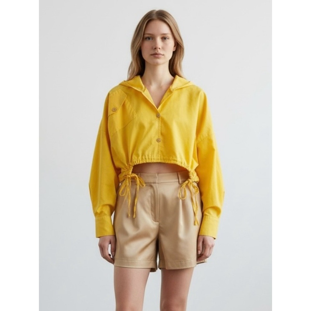 Balizza Long Sleeve Yellow Hooded Button Down Crop Top Large